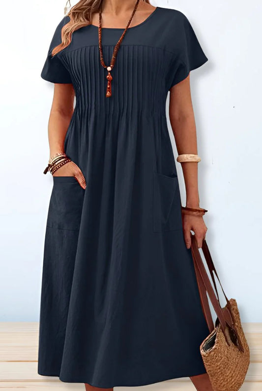 Césarie Dames Midi Jurk | Geplooide Voorkant | Korte Mouwen