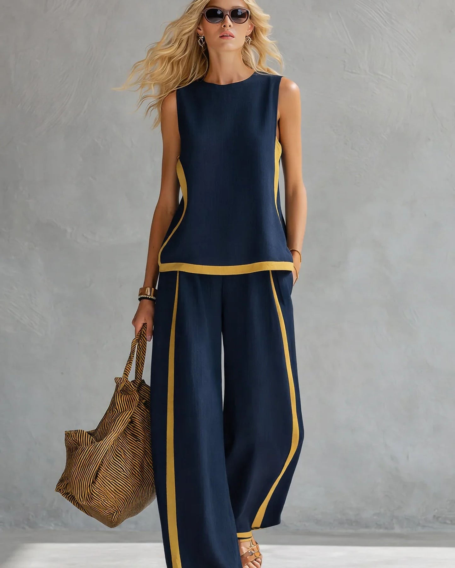 Aminte Dames Co-ord Set | Contrasterende Bies | Wijde Pijpen