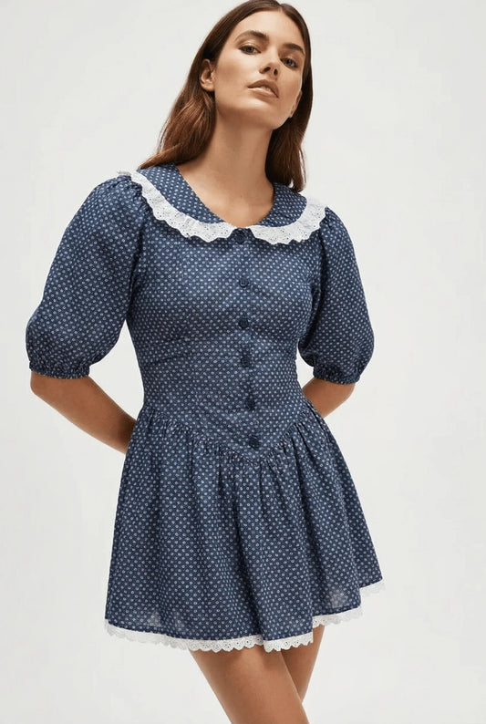 Hiltrude Dames Mini Sukienka | Biały Kołnierz z Haftem | Groszki