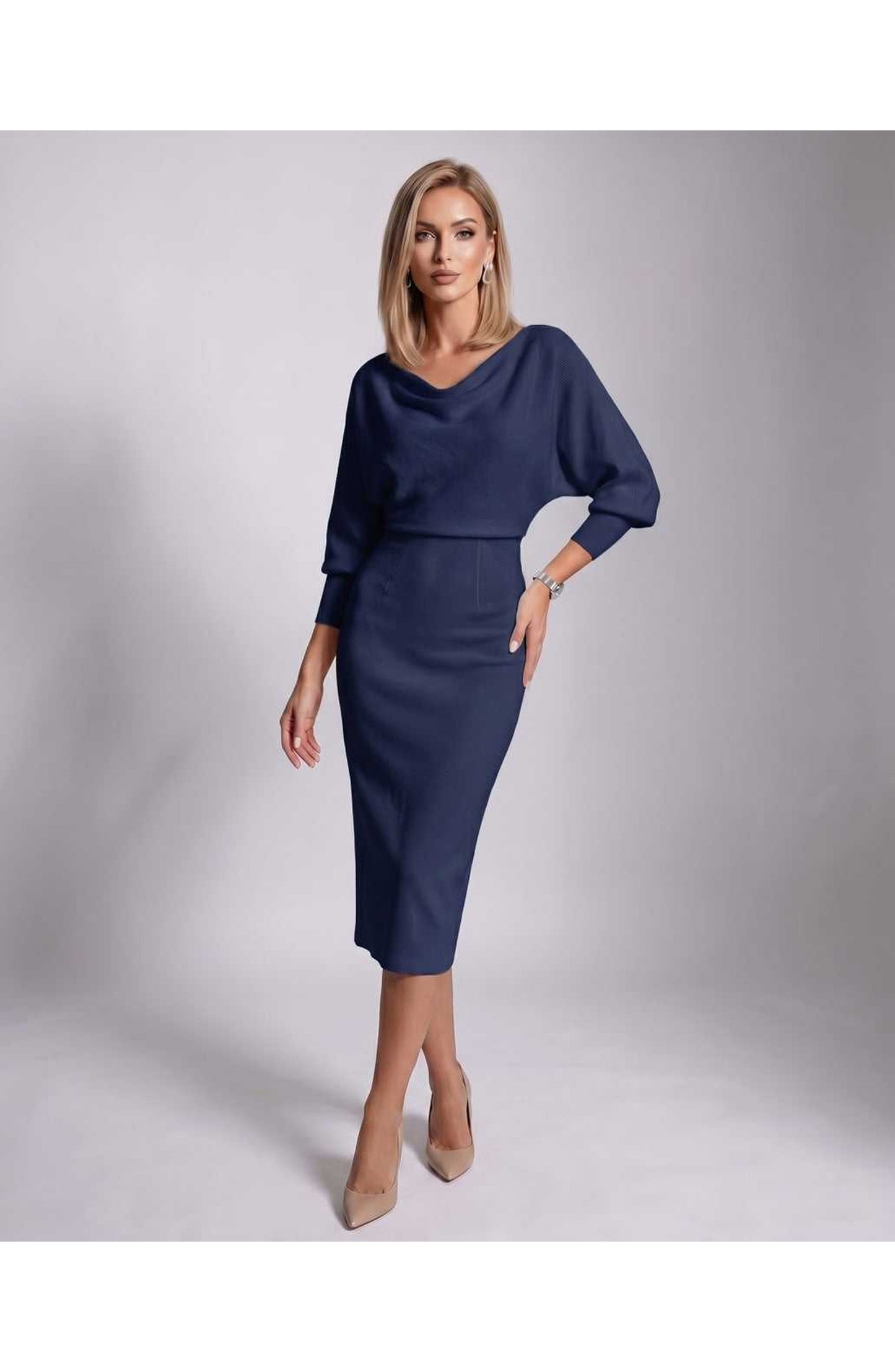 Brigitte Women's Midi Dress | Waterfall Neckline | Balloon Sleeves