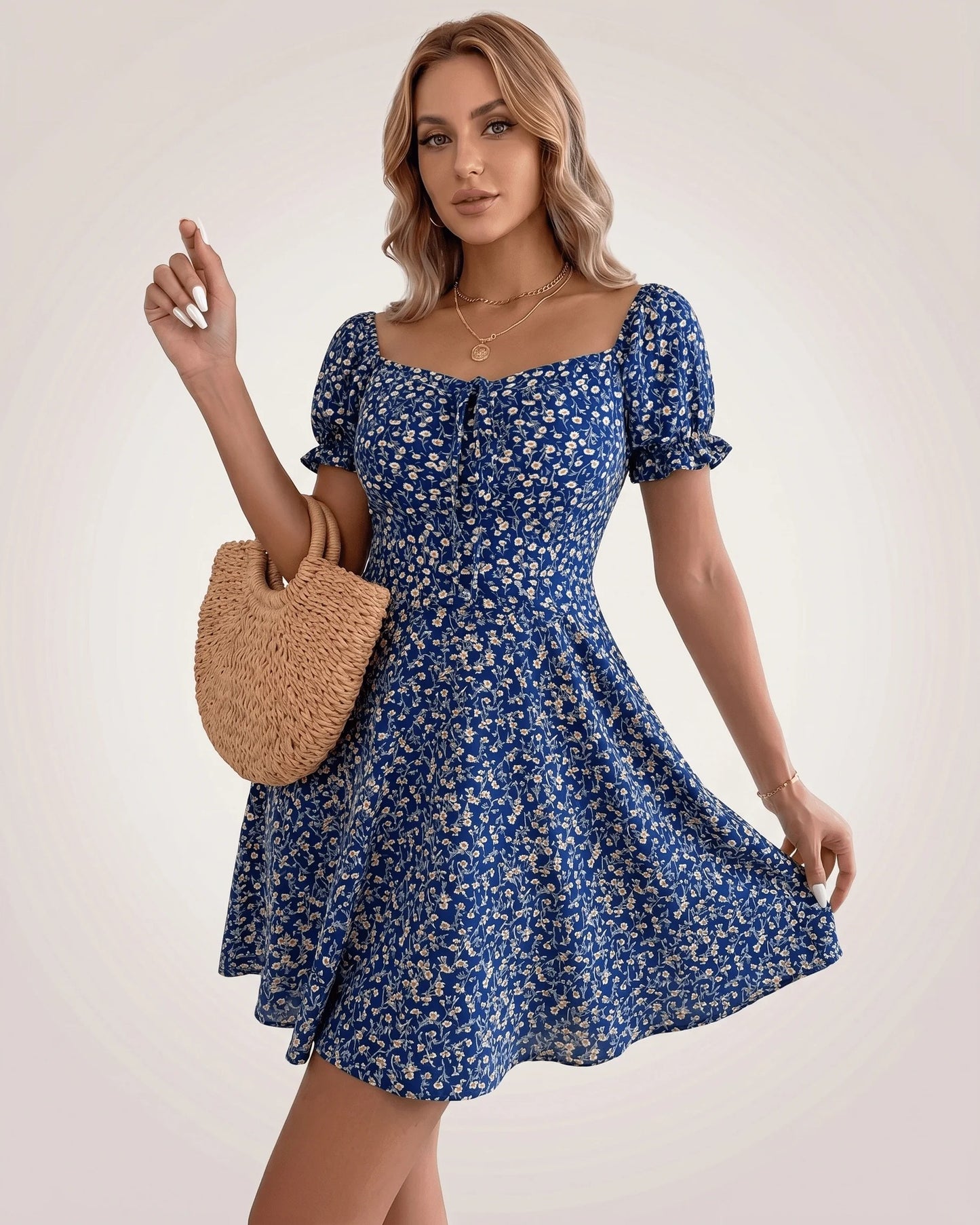 Lou Women's Mini Dress | Front Bow Detail | Puff Sleeves