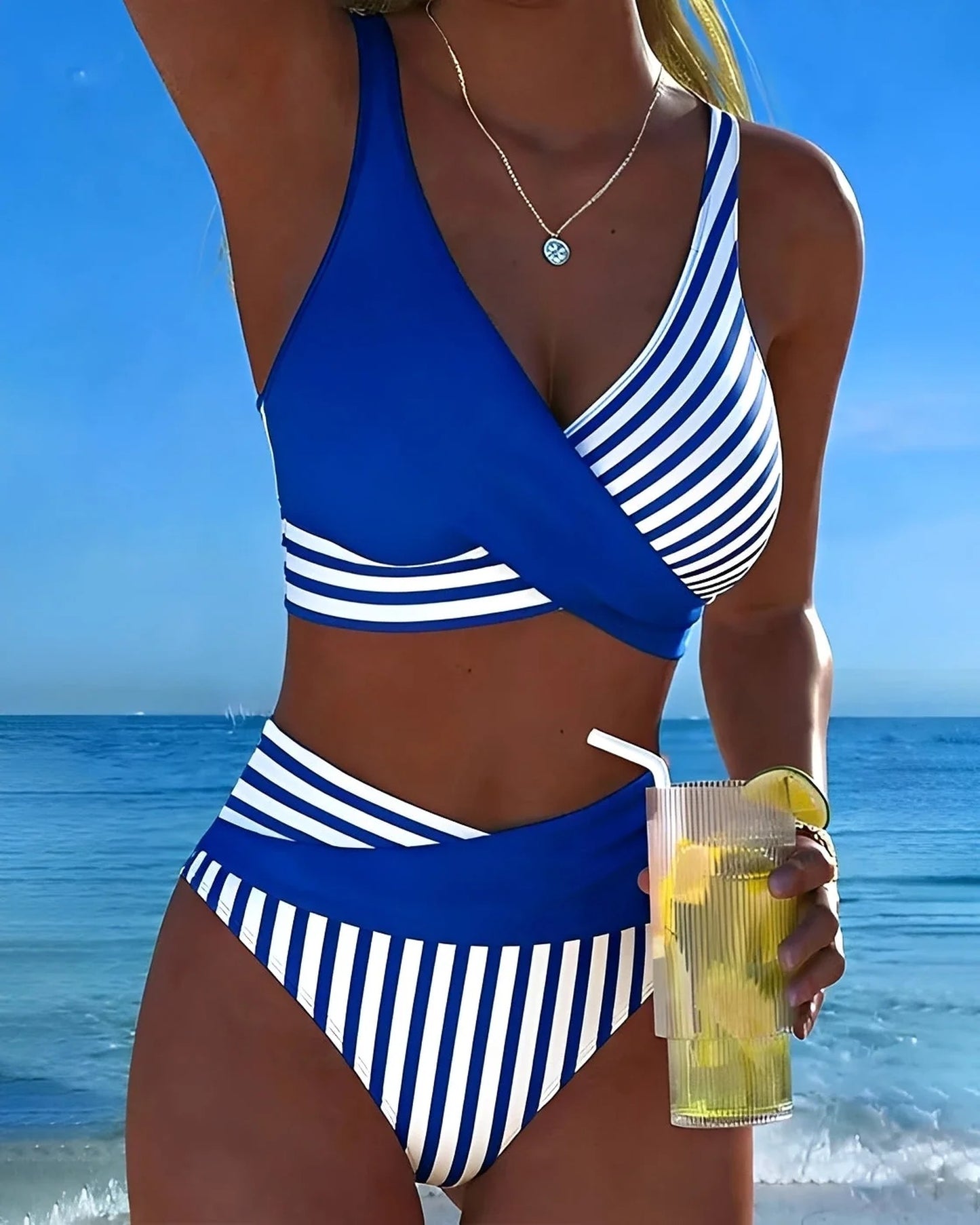 Carlotta Dames Badkleding | Gestreepte Banden | Wikkelvoorkant