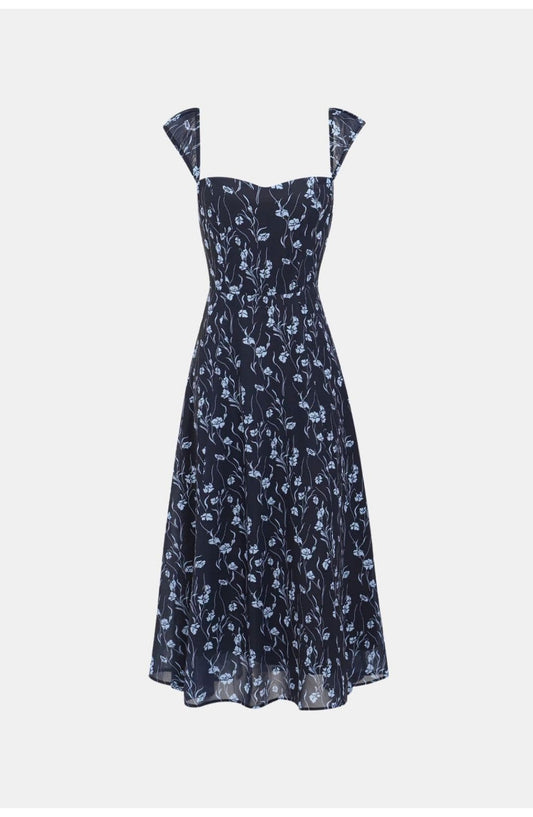 Women's Midi Dress | Sweetheart Neckline | Navy Floral Print