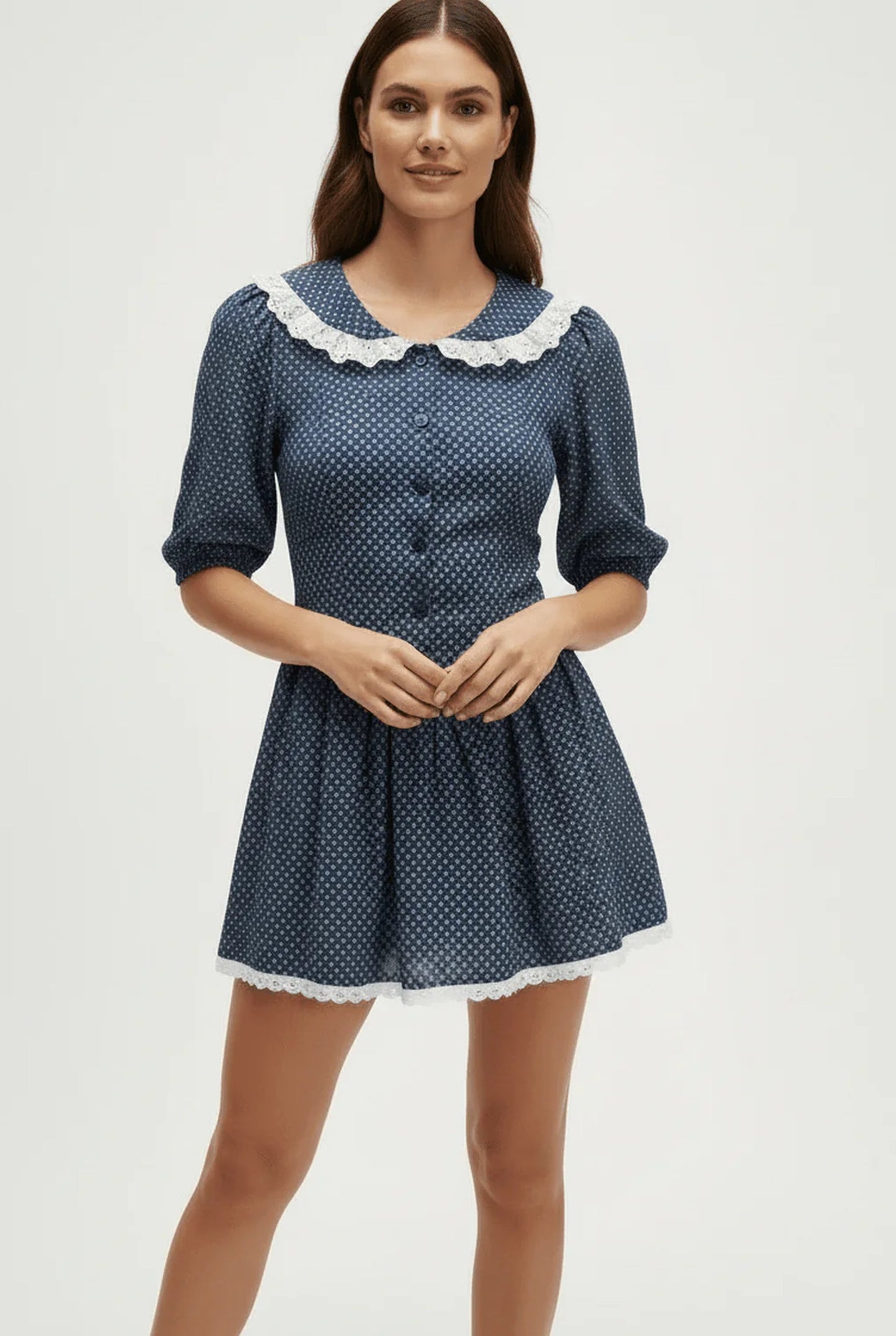 Hiltrude Dames Mini Jurk | Witte Broderie Kraag | Polkadot