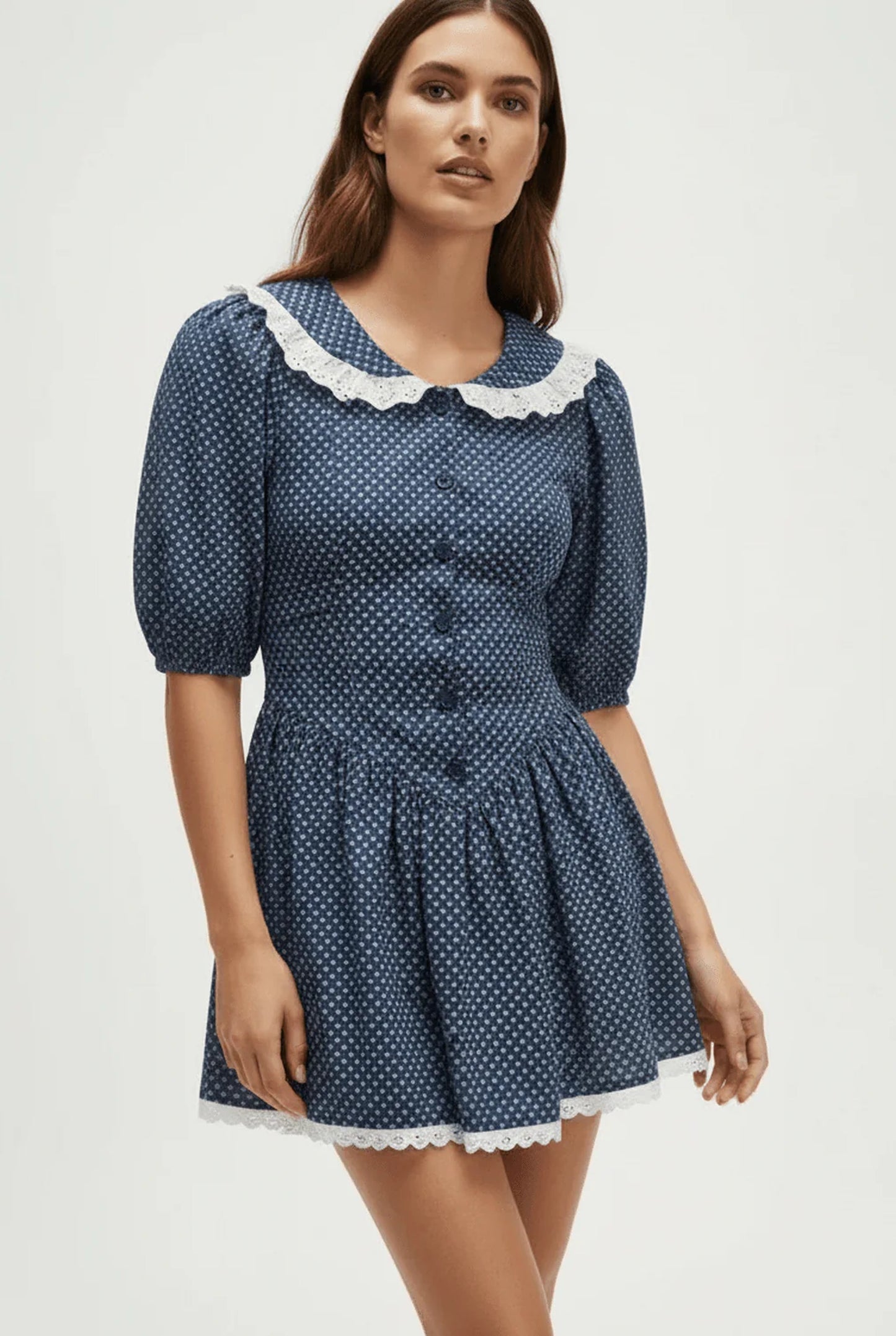 Hiltrude Dames Mini Jurk | Witte Broderie Kraag | Polkadot