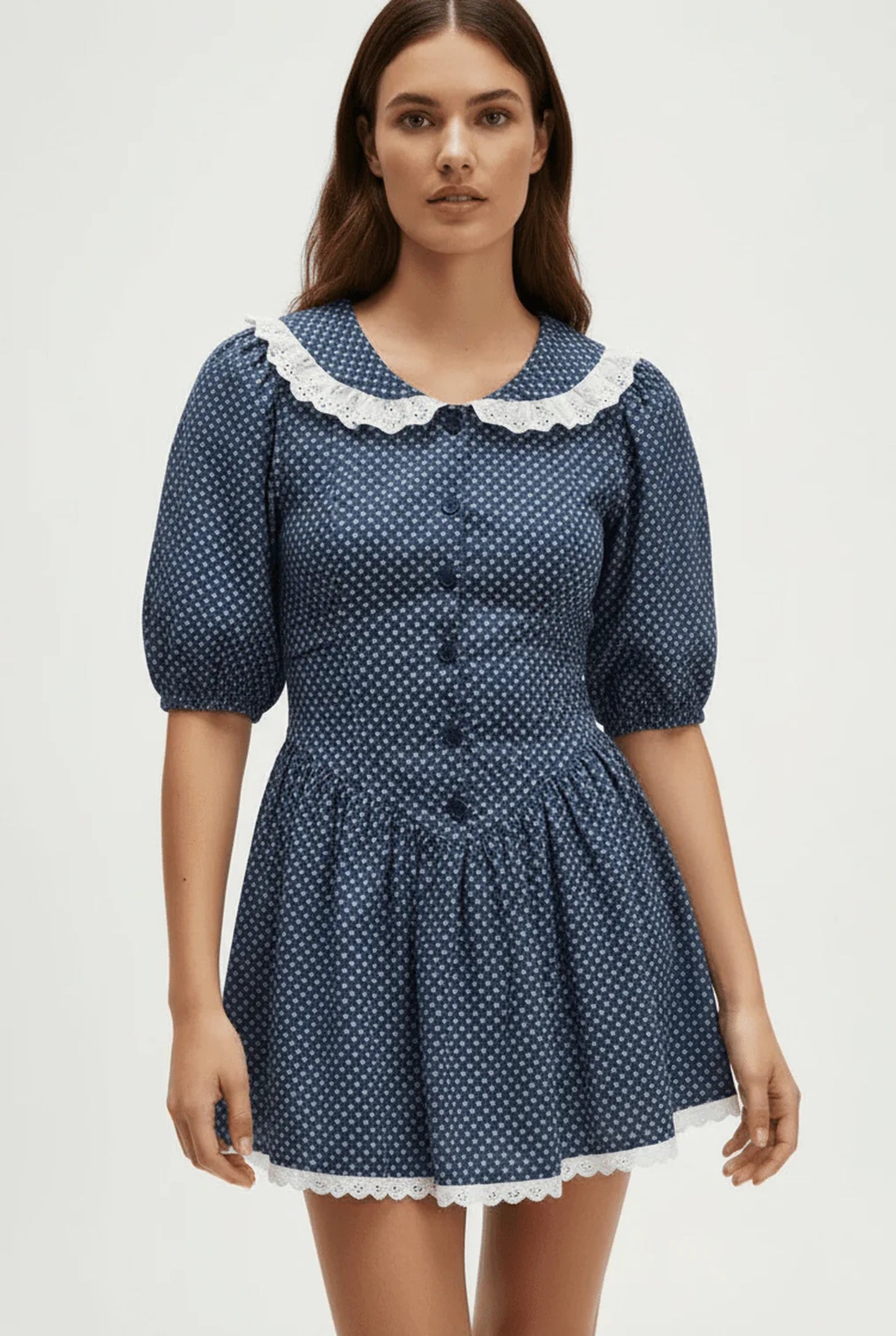 Hiltrude Dames Mini Jurk | Witte Broderie Kraag | Polkadot