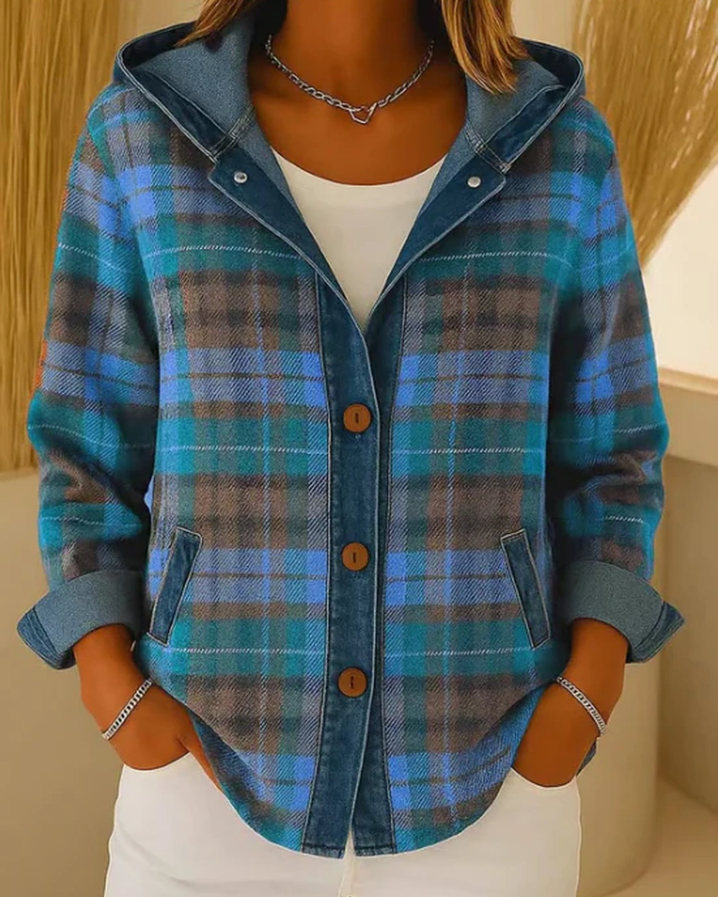 Eunice Damejakke | Denim Hætte | Ternet Print Knapper
