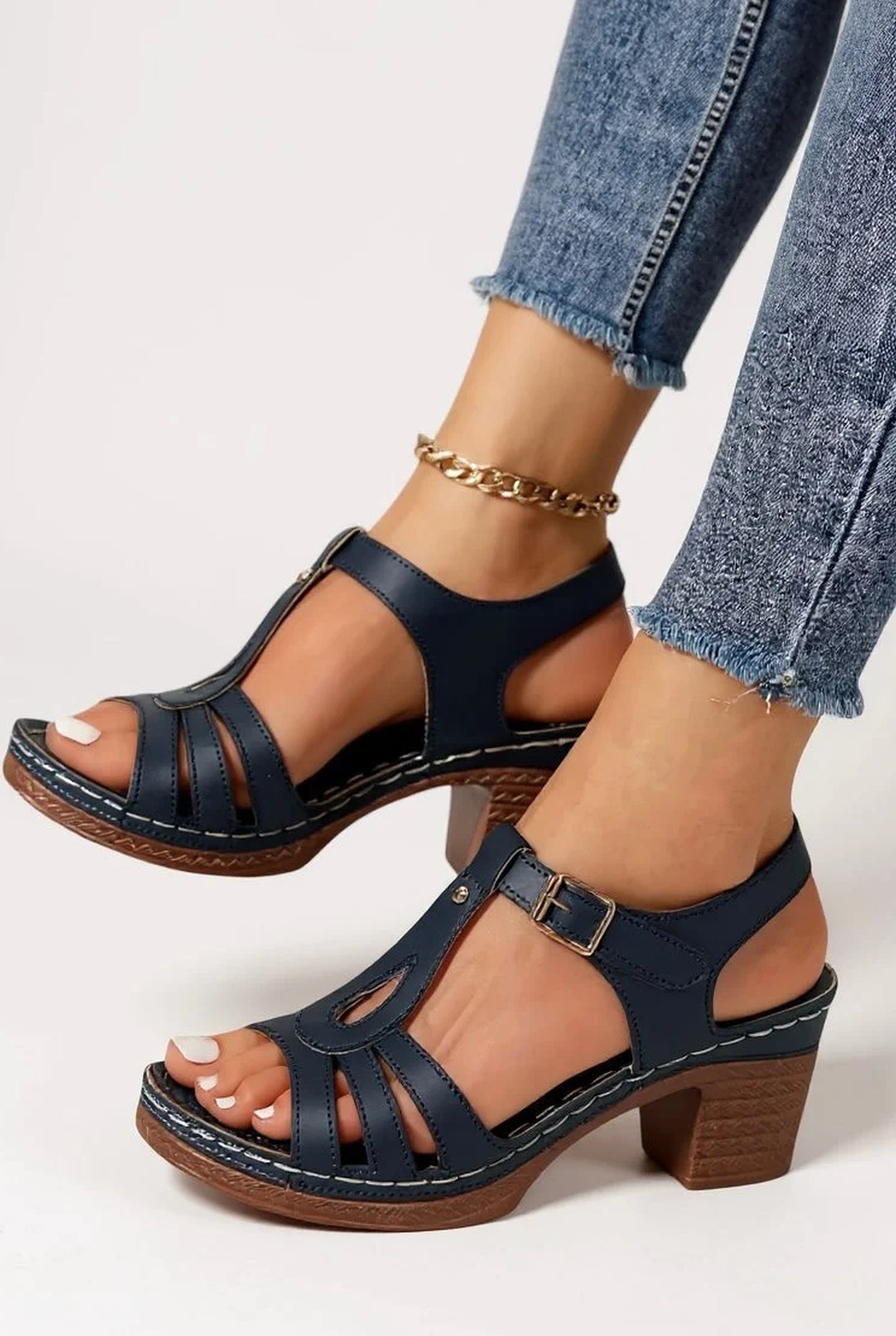 Carmen Dames Sandalen | Geplooide Details | Houten Blokkhak