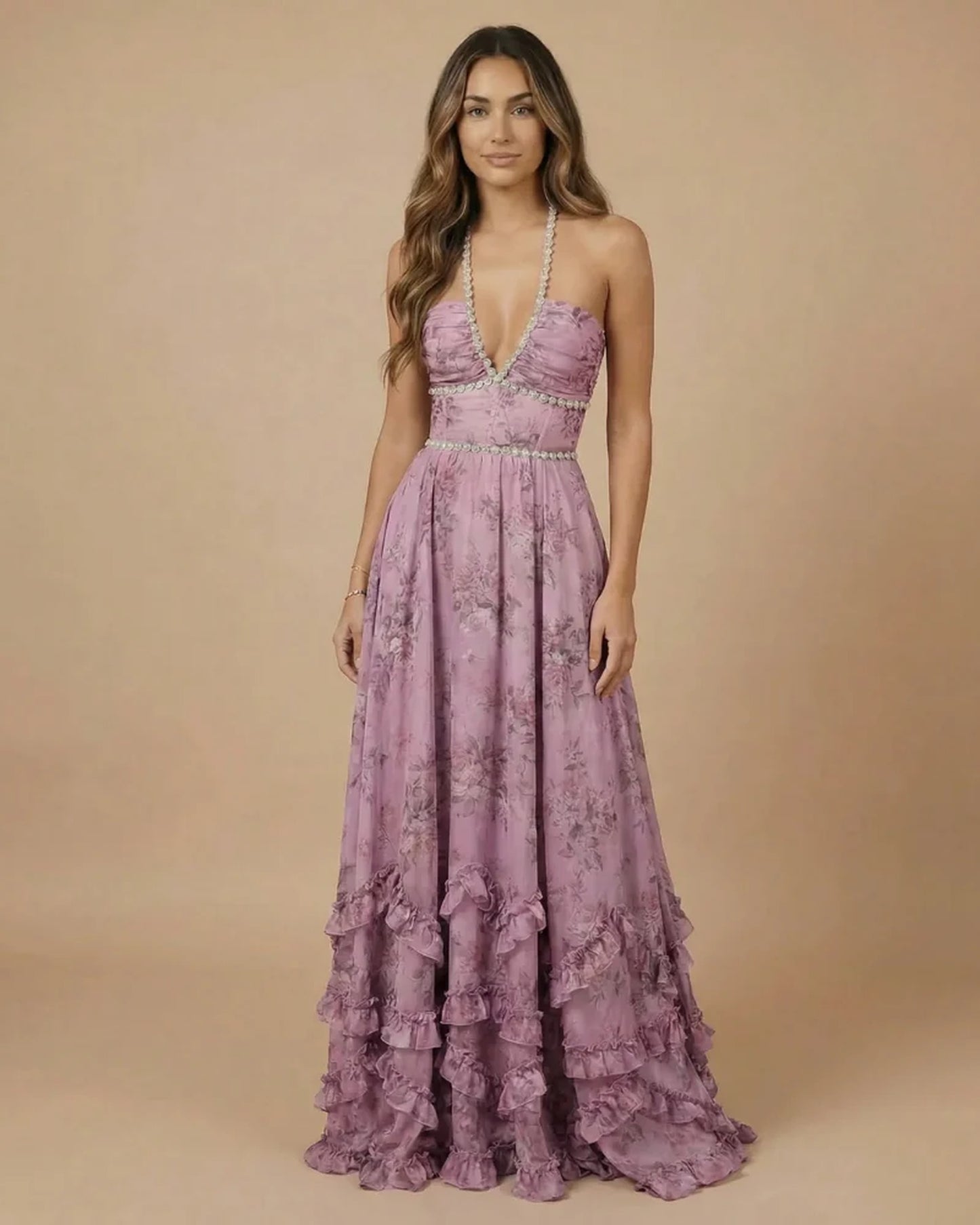 Dames Maxi Jurk | Halterneck | Gelaagde Franje