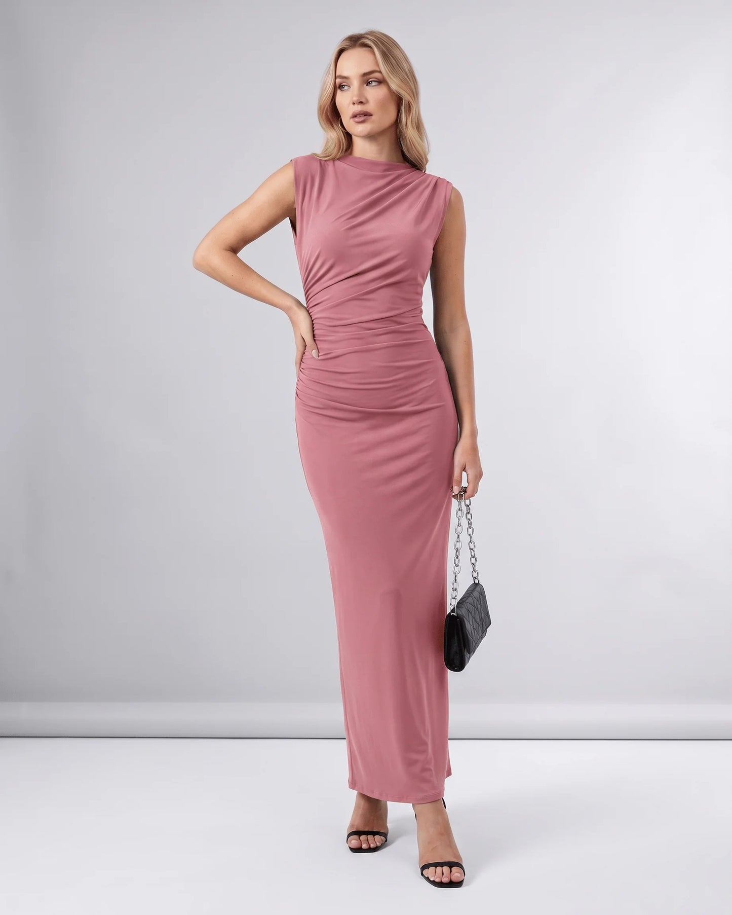 Martine Dames Midi Jurk | Gedrapeerde Taille | Ronde Halslijn