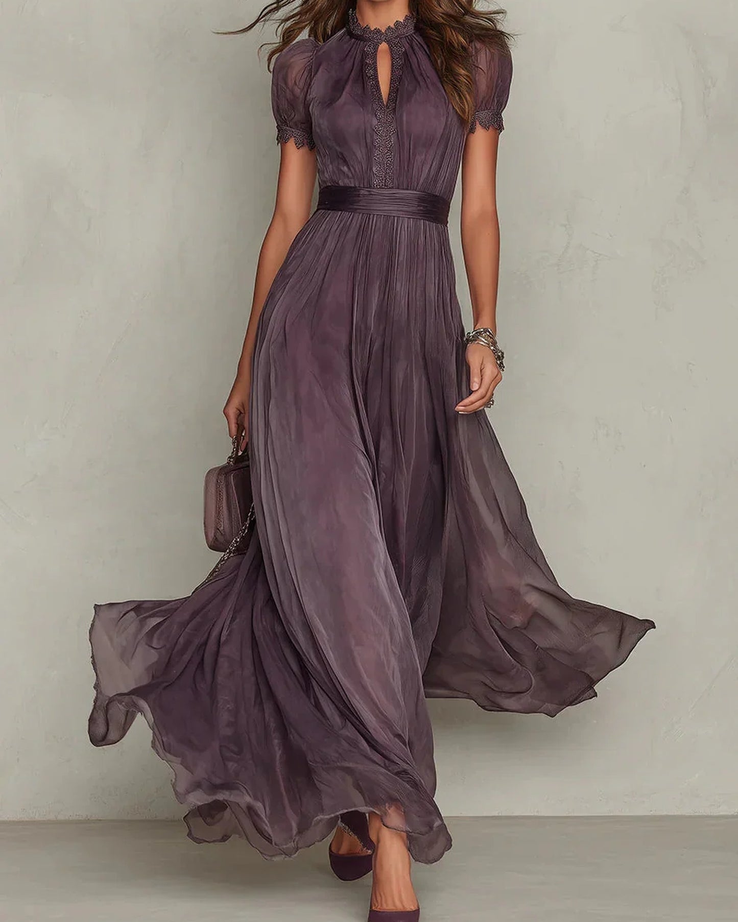 Cristina Dames Maxi Jurk | Korte Mouwen | Kantdetail