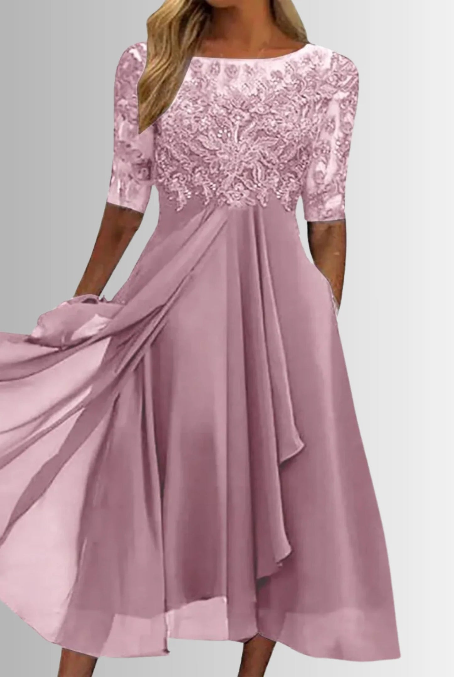Ameline Dames Midi Jurk | Kanten Bovenstuk | Driekwart Mouwen
