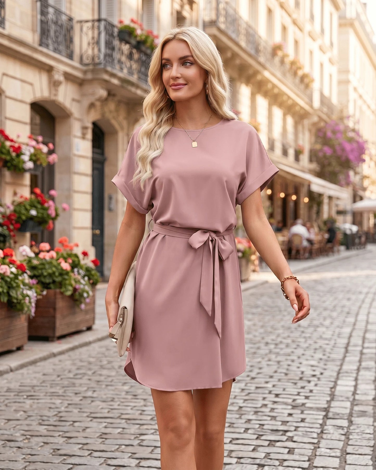 Louisiana Women's Mini Dress | Belt with Bow | Short Kimono Sleeves