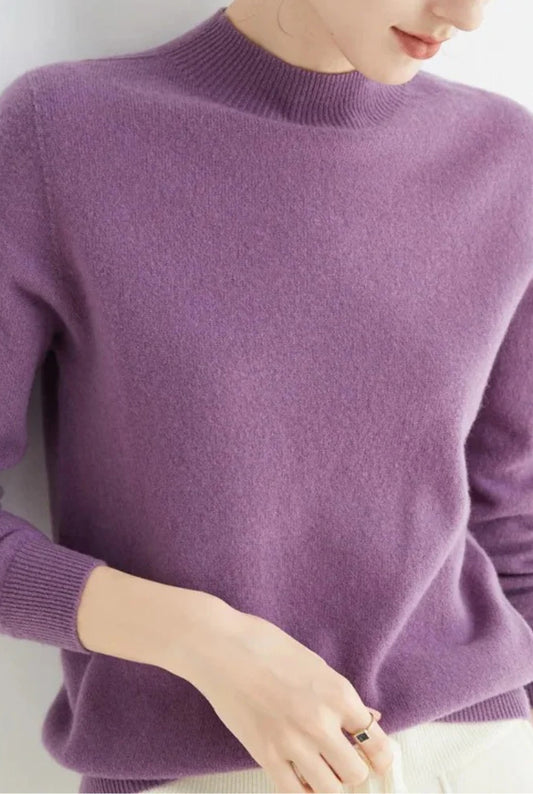 Flavienne Dame Sweater | Halv Høj Hals | Ribstrikkede Kanter