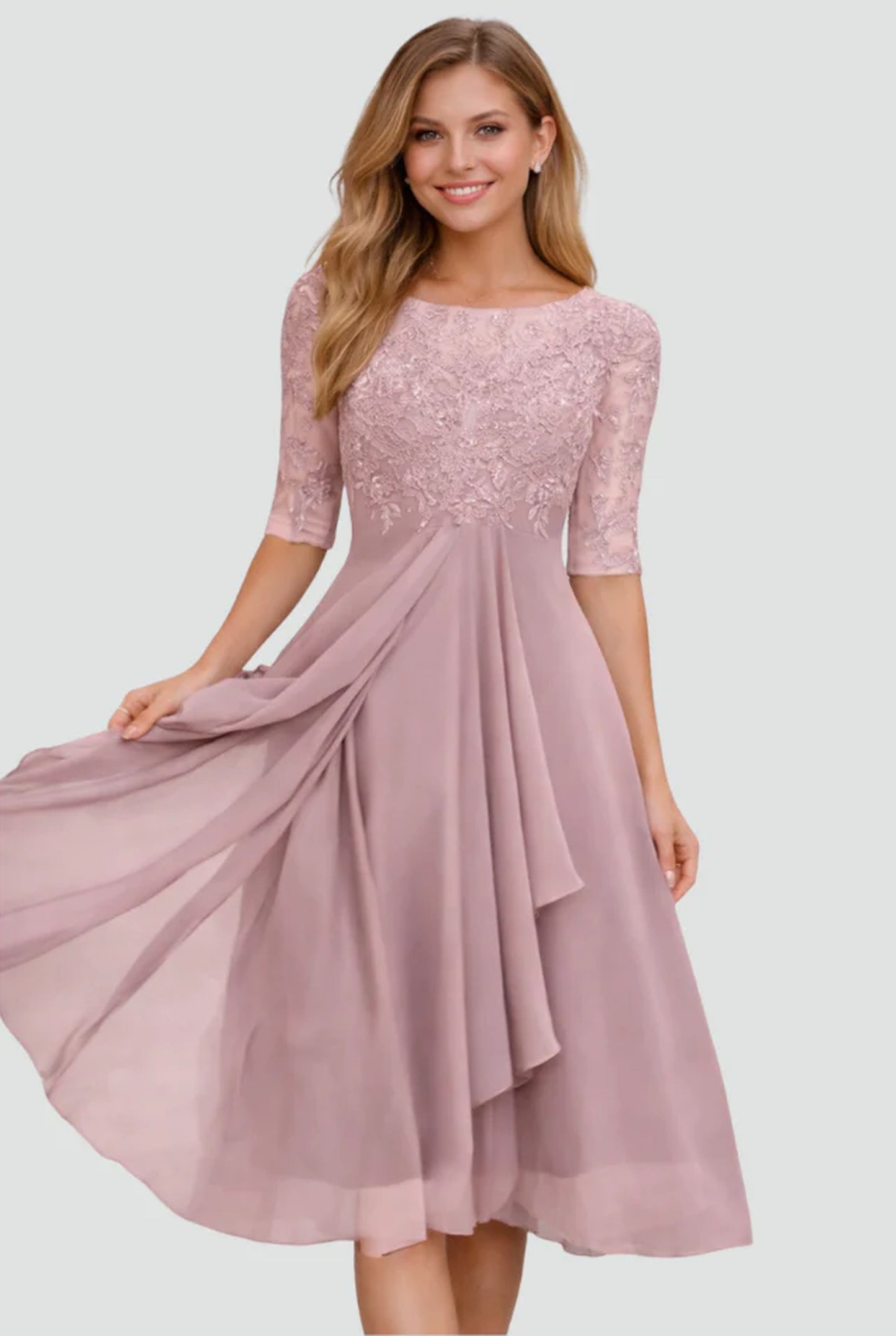 Adélie Dame Midi Kjole | Blonde Overlay Overdel | Udsvingende Chiffon Nederdel