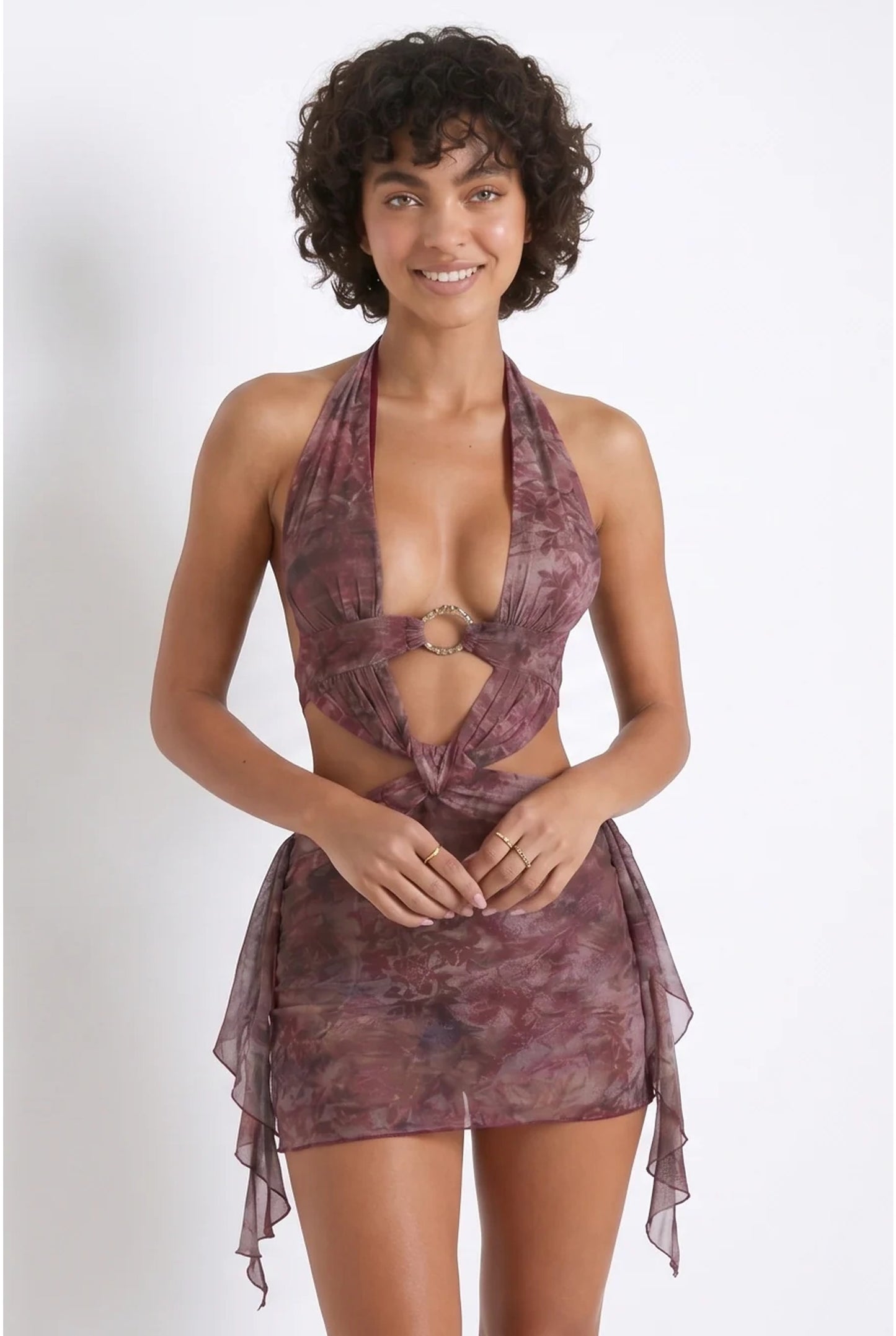 Dames Mauve Mini Jurk | Halterneck | Tie-Dye