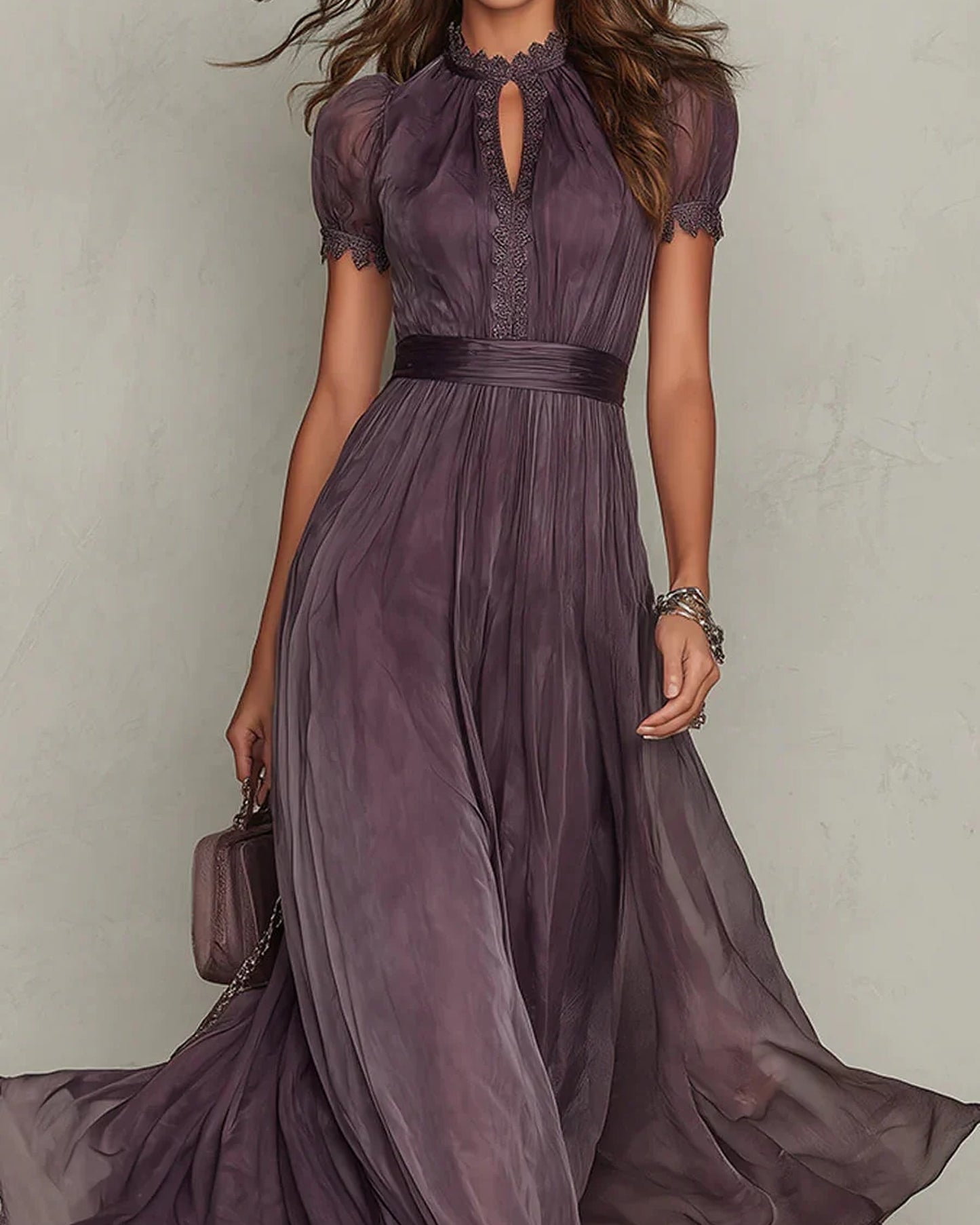 Cristina Dames Maxi Jurk | Korte Mouwen | Kantdetail