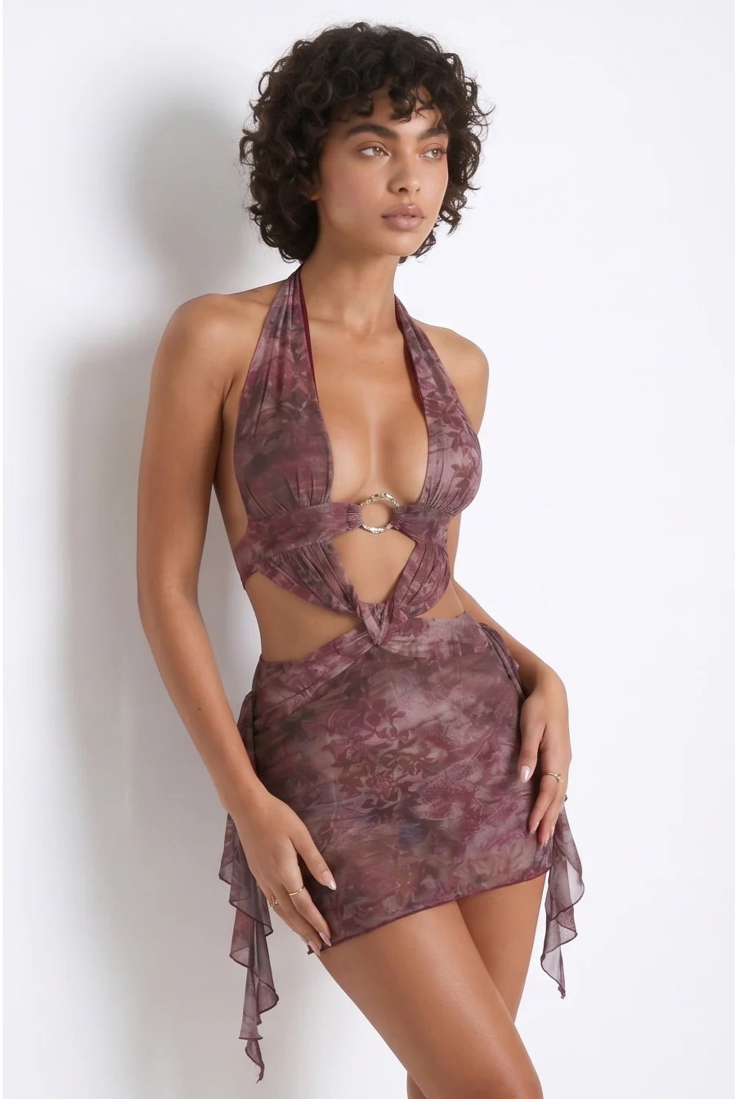 Dames Mauve Mini Jurk | Halterneck | Tie-Dye