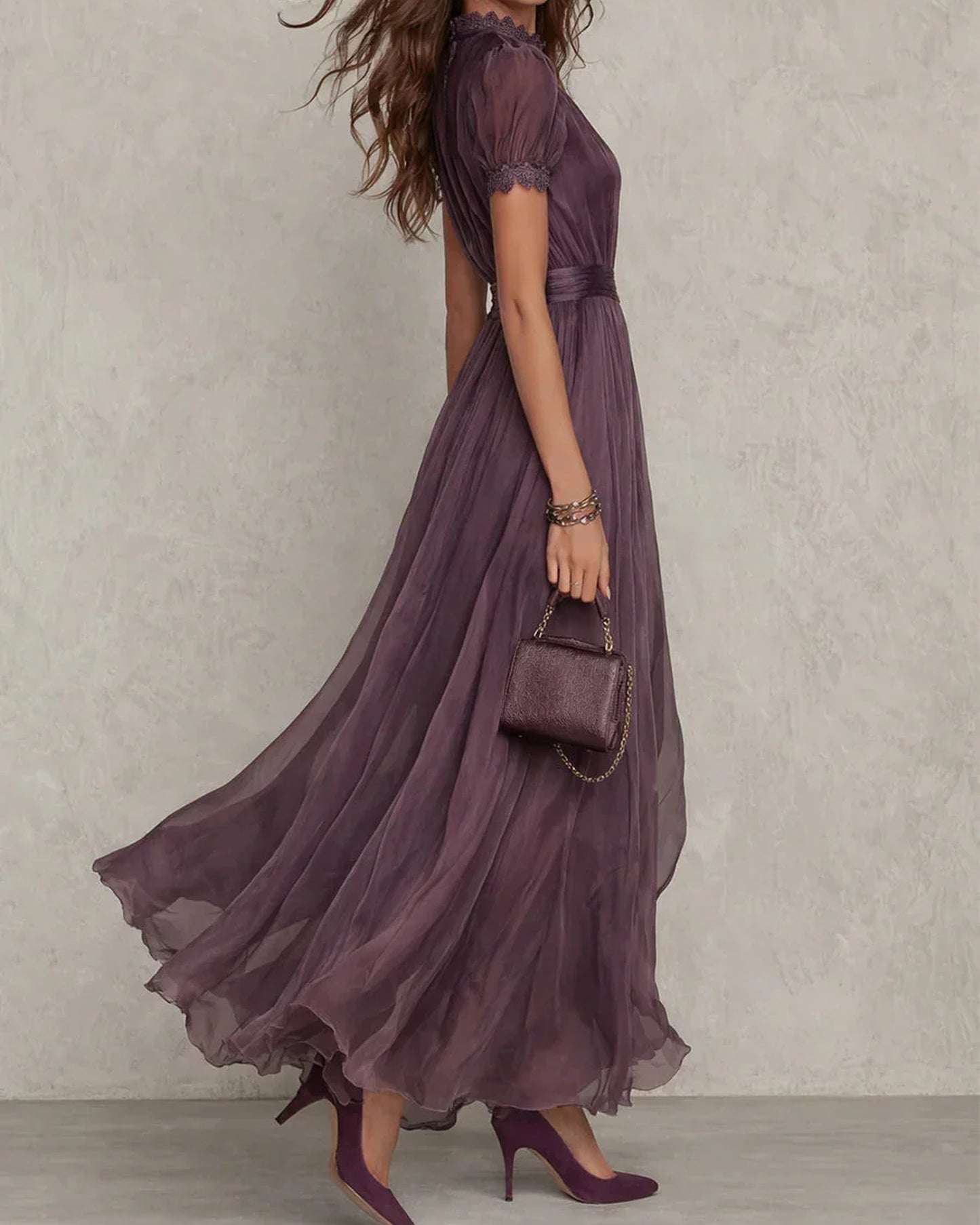Cristina Dames Maxi Jurk | Korte Mouwen | Kantdetail