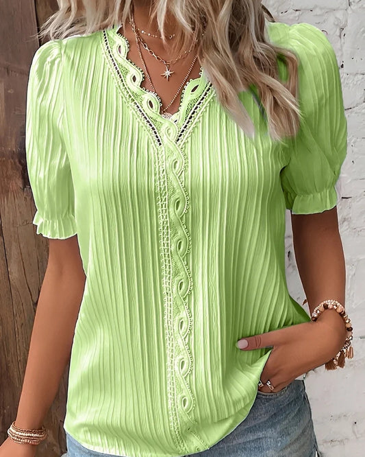 Normande Ladies Top | Embroidered V-Neck | Pleated Texture
