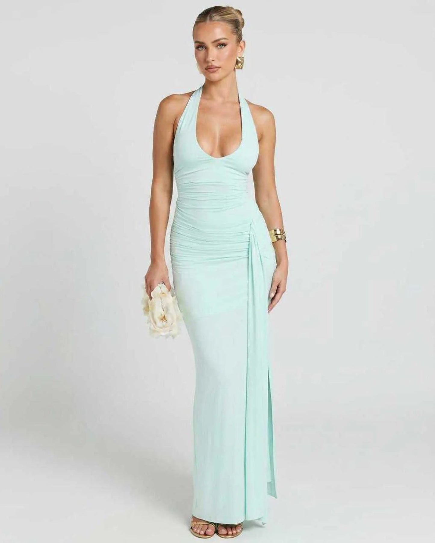 Réjane Dames Maxi Jurk | Halterneck | Hoge Split