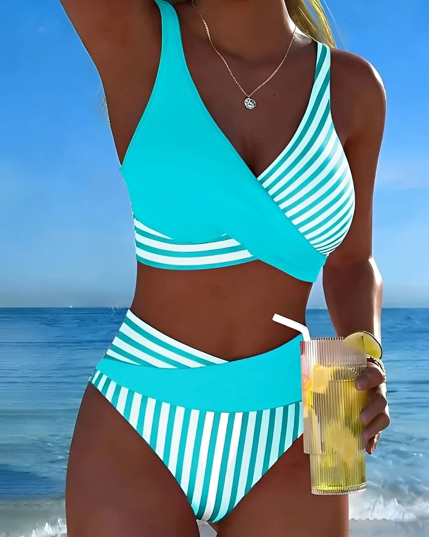 Carlotta Dames Badkleding | Gestreepte Banden | Wikkelvoorkant