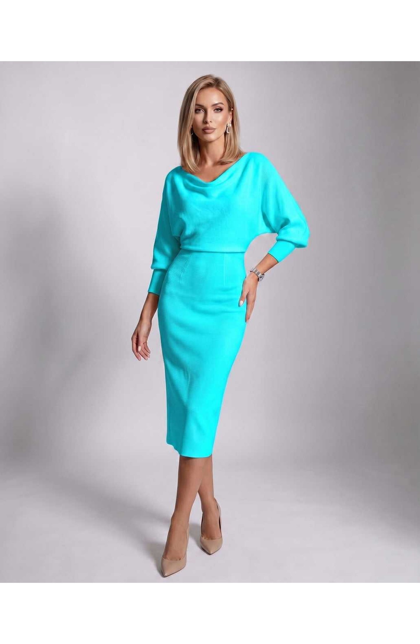 Brigitte Women's Midi Dress | Waterfall Neckline | Balloon Sleeves
