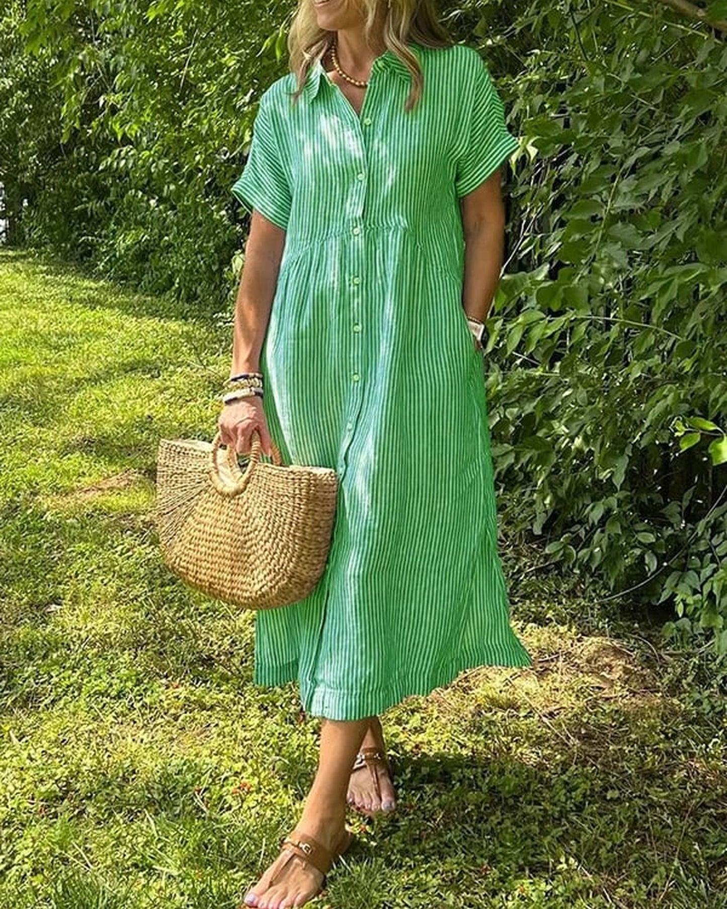 Annemie Dames Maxi Jurk | Streep & Knoopsluiting | Korte Mouwen