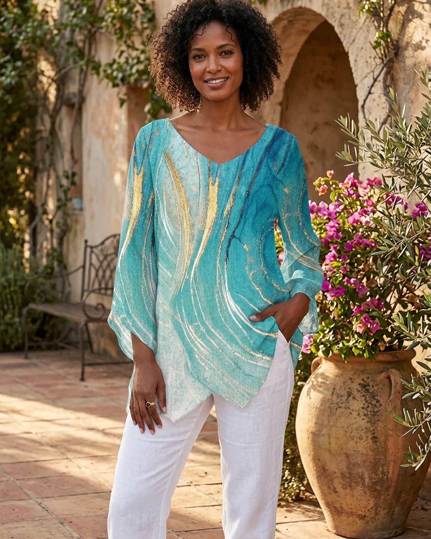 Adelina Dames Top | Mint Kleur | Gouden Golfdetail