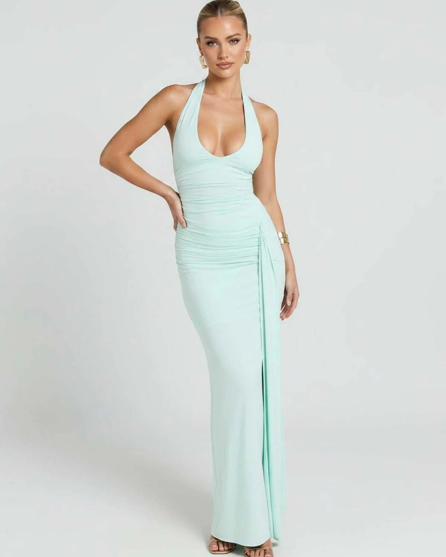 Réjane Dames Maxi Jurk | Halterneck | Hoge Split