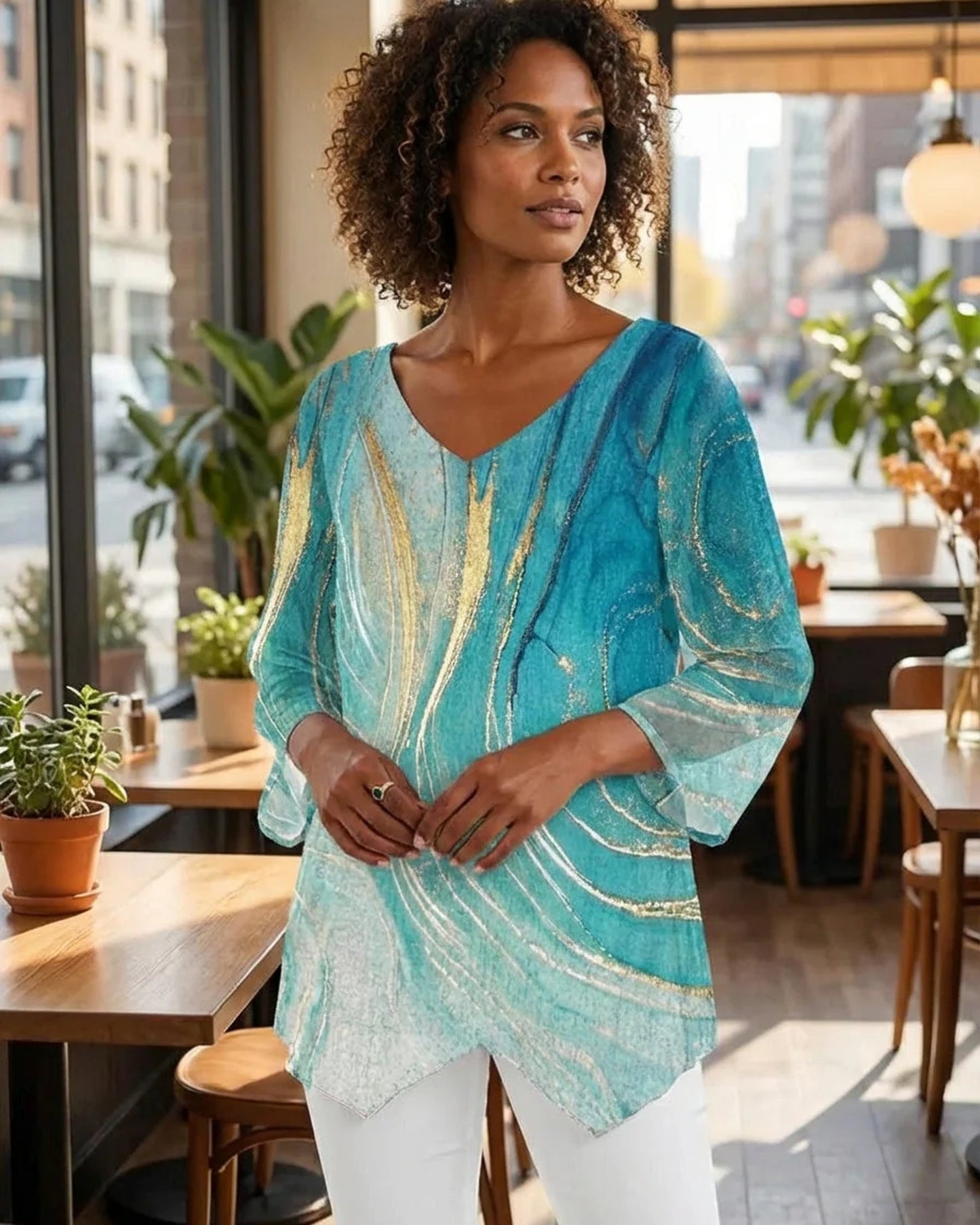 Adelina Dames Top | Mint Kleur | Gouden Golfdetail