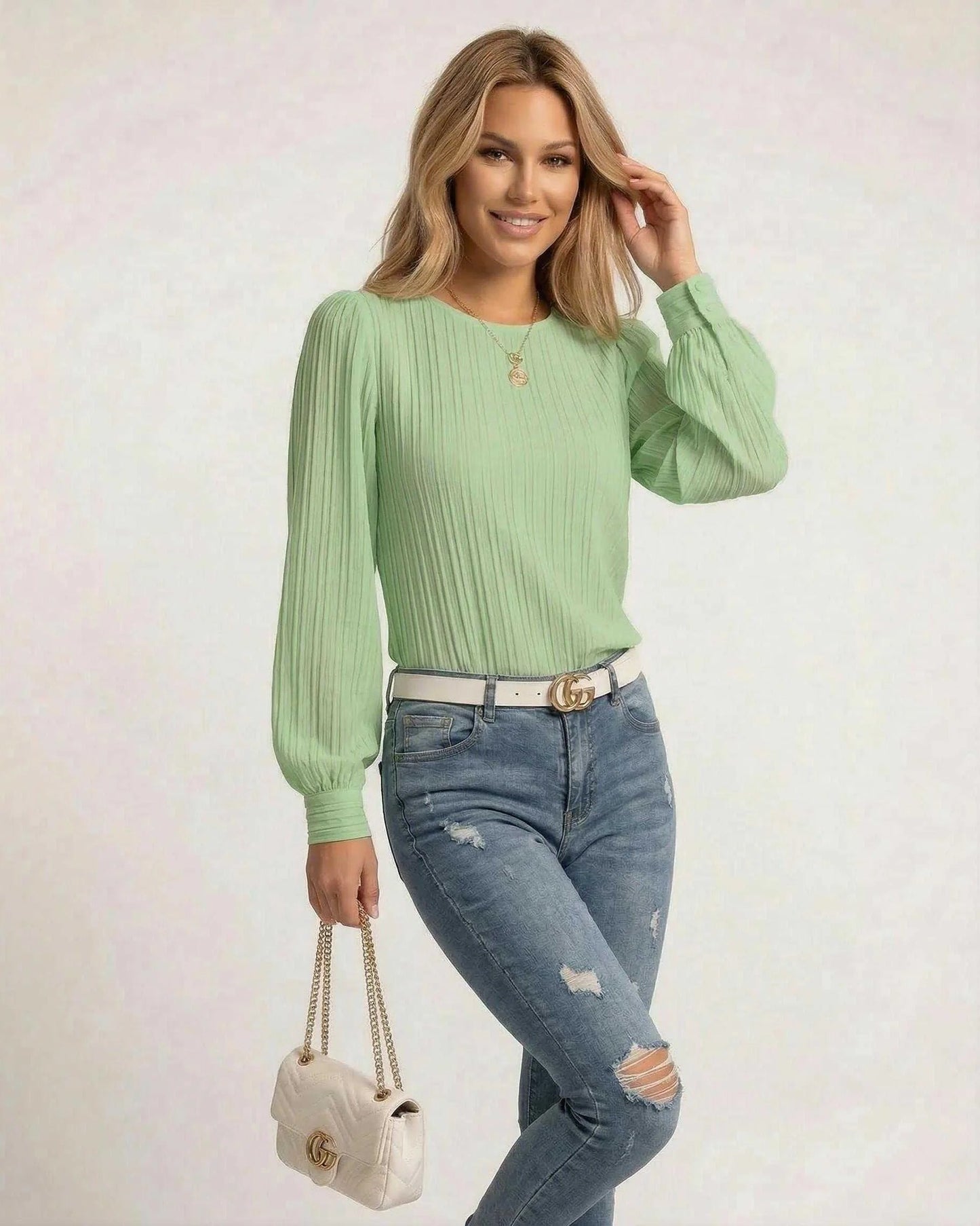 Vinciane Dames Top | Geplooide Structuur | Ballonmouwen