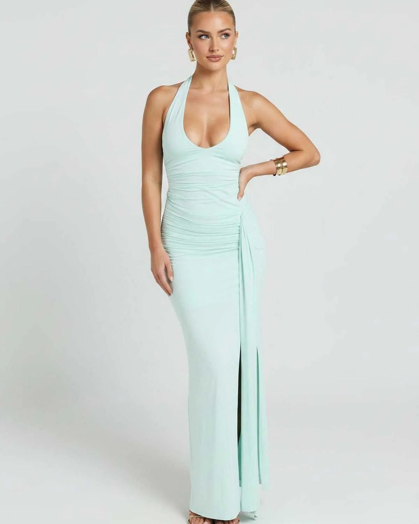 Réjane Dames Maxi Jurk | Halterneck | Hoge Split