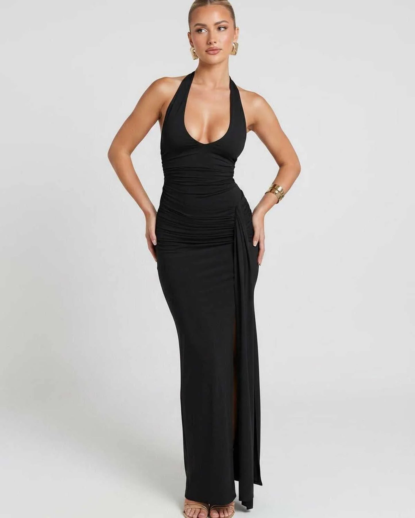 Réjane Dames Maxi Jurk | Halterneck | Hoge Split