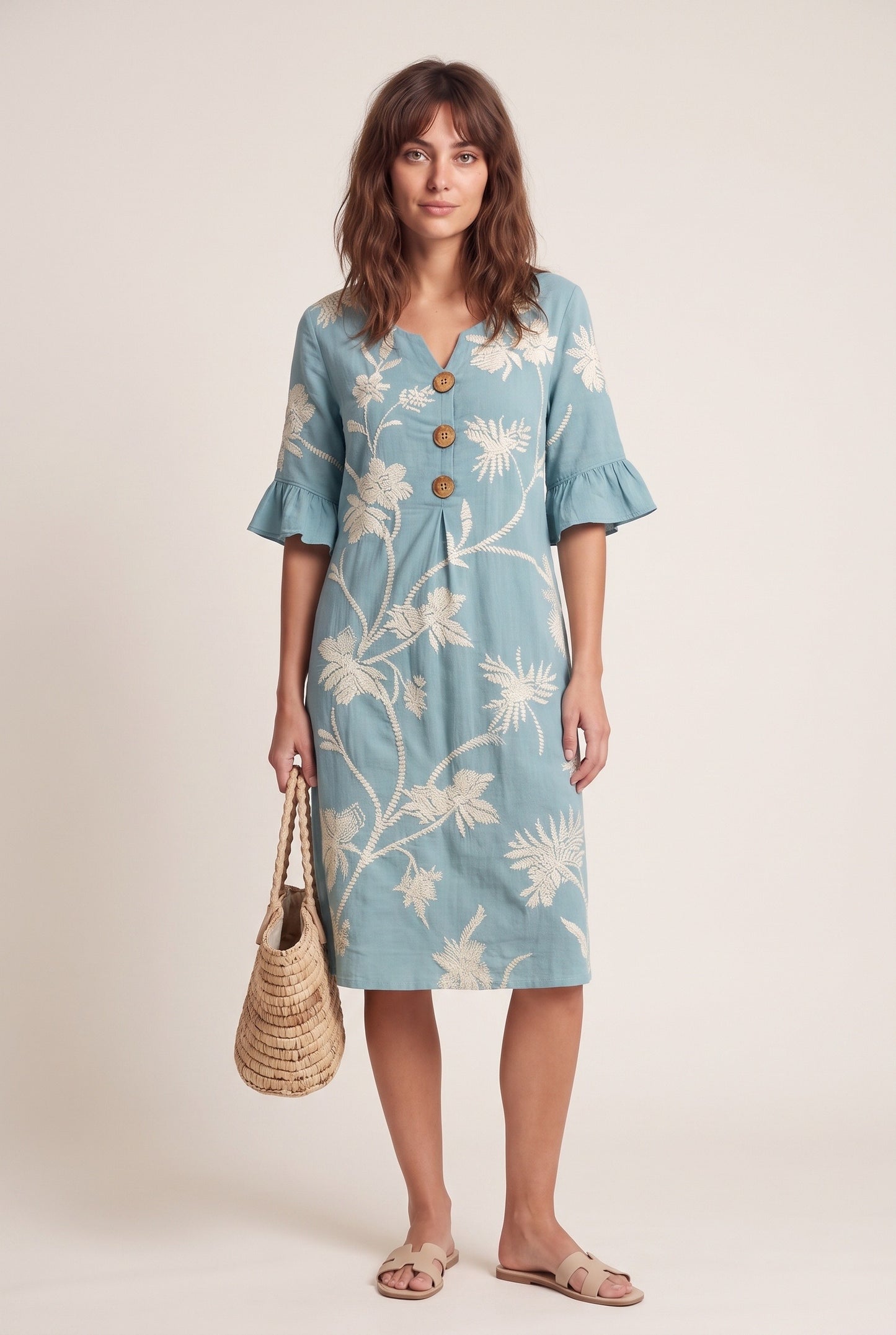 Javotte Dames Midi Jurk | Geborduurd Bloemenpatroon | Ruches Mouwen