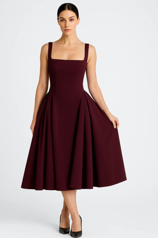 Mira Midi Jurk Dames | Brede Bandjes Vierkante Halslijn Elegant 0