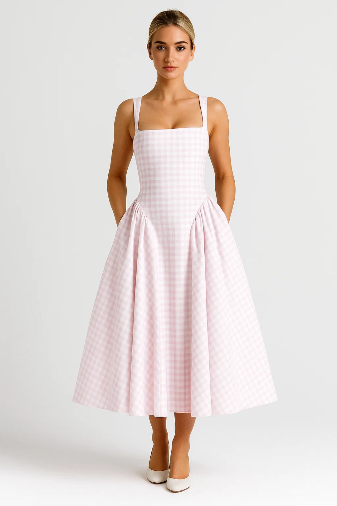 Mirella Dames Midi Jurk | Mouwloos | Retro Ruitpatroon | Vierkante Hals 0