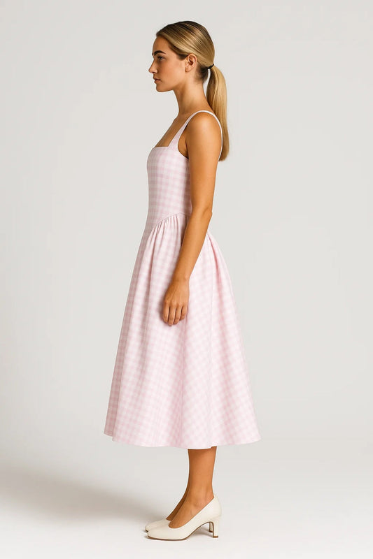 Mirella Dames Midi Jurk | Mouwloos | Retro Ruitpatroon | Vierkante Hals 1