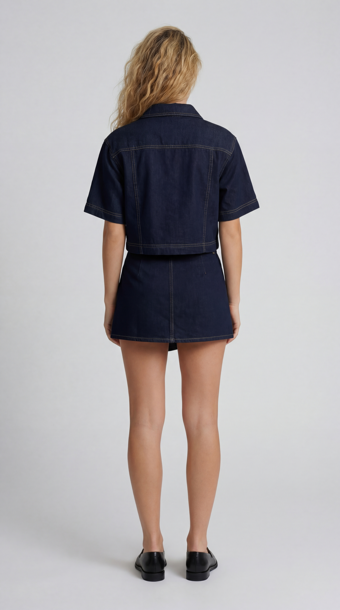 Donatienne Women's Denim Set | Cropped Top with Zipper & Chest Pockets | Mini Skirt with Asymmetric Detail