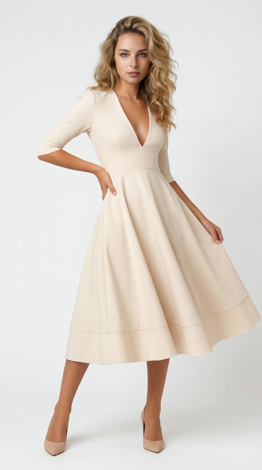Mireille Midi Jurk | A-Lijn | Diepe V-Hals En Driekwartmouwen