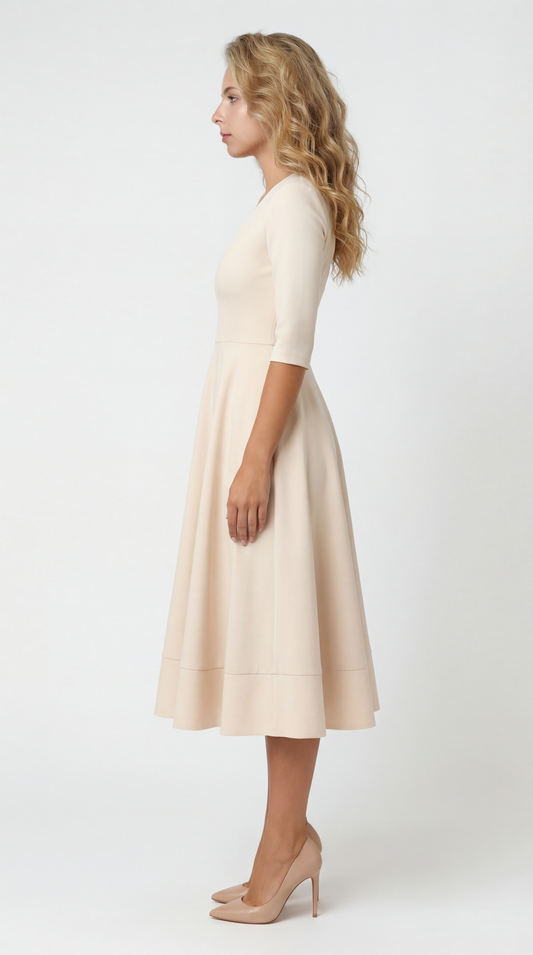 Mireille Midi Jurk | A-Lijn | Diepe V-Hals En Driekwartmouwen