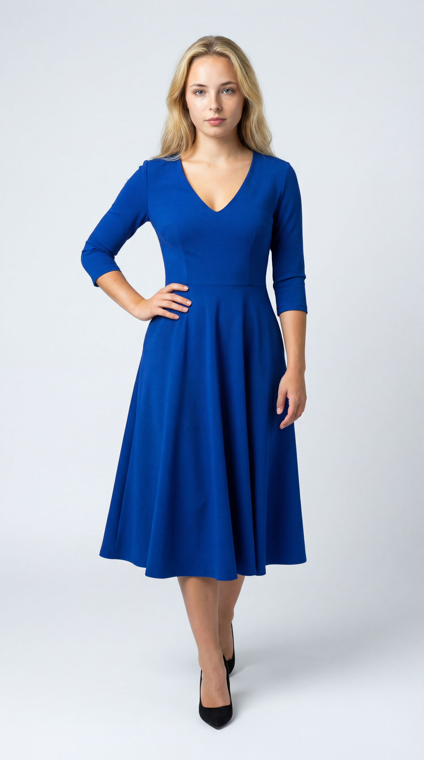 Mireille Midi Dress | A-Line | Deep V-Neck and Three-Quarter Sleeves
