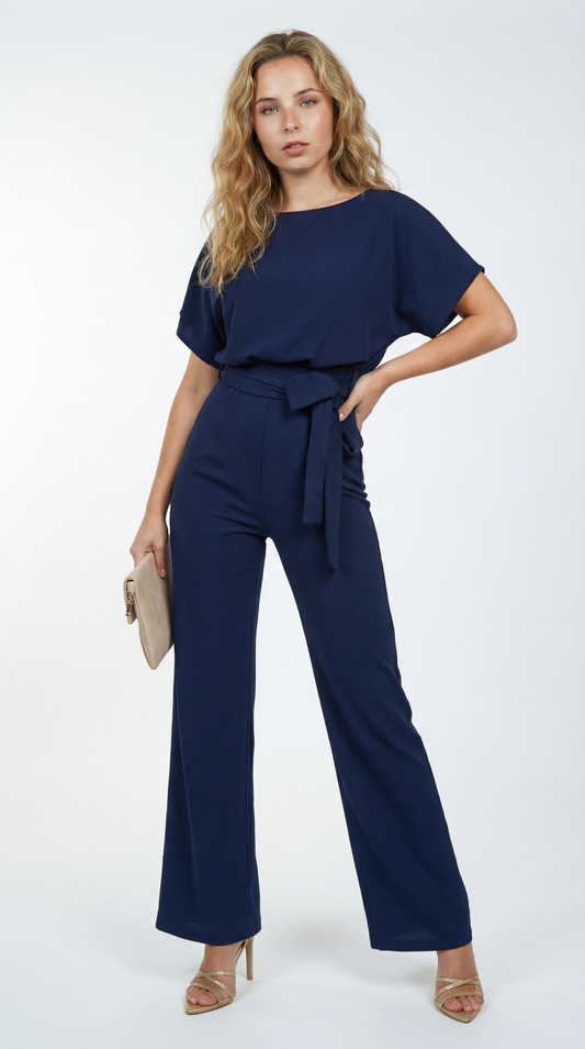 Marisol Dames Jumpsuit | Korte Mouw | Tailleband met Wijde Pijpen