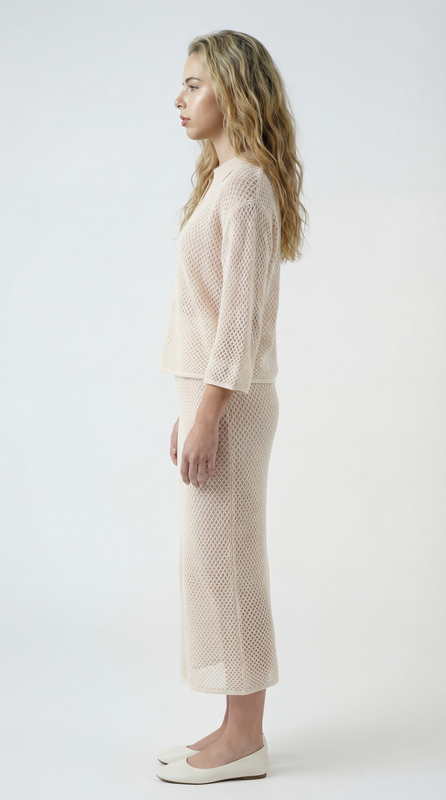 Catherine Dames Co-Ord Knit Set | V-Hals Top met Kraag | Midi Rok | Open Gehaakt Breisel