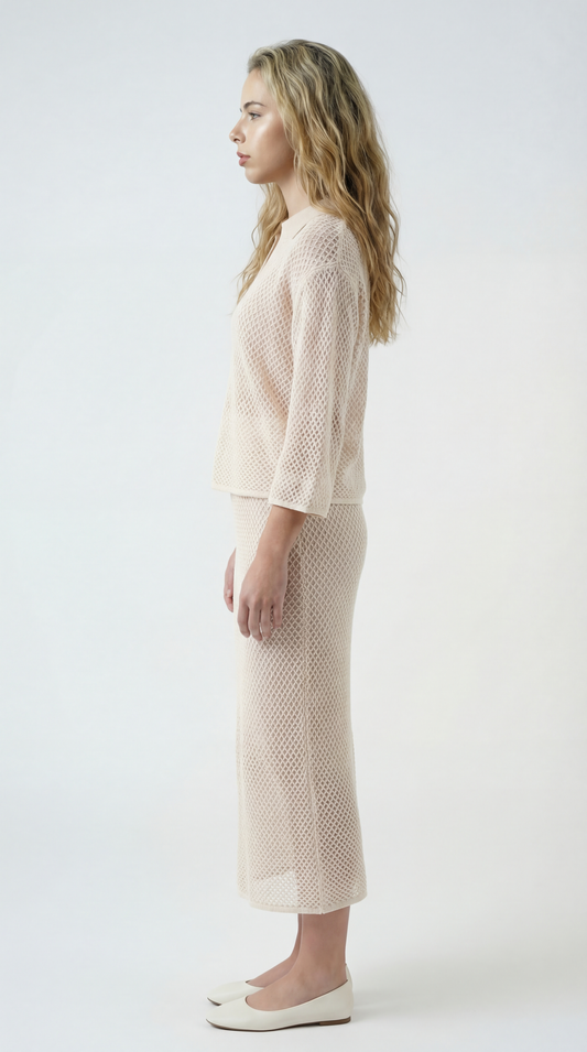 Dames Co-Ord Knit Set | V-Hals Top met Kraag | Midi Rok | Open Gehaakt Breisel