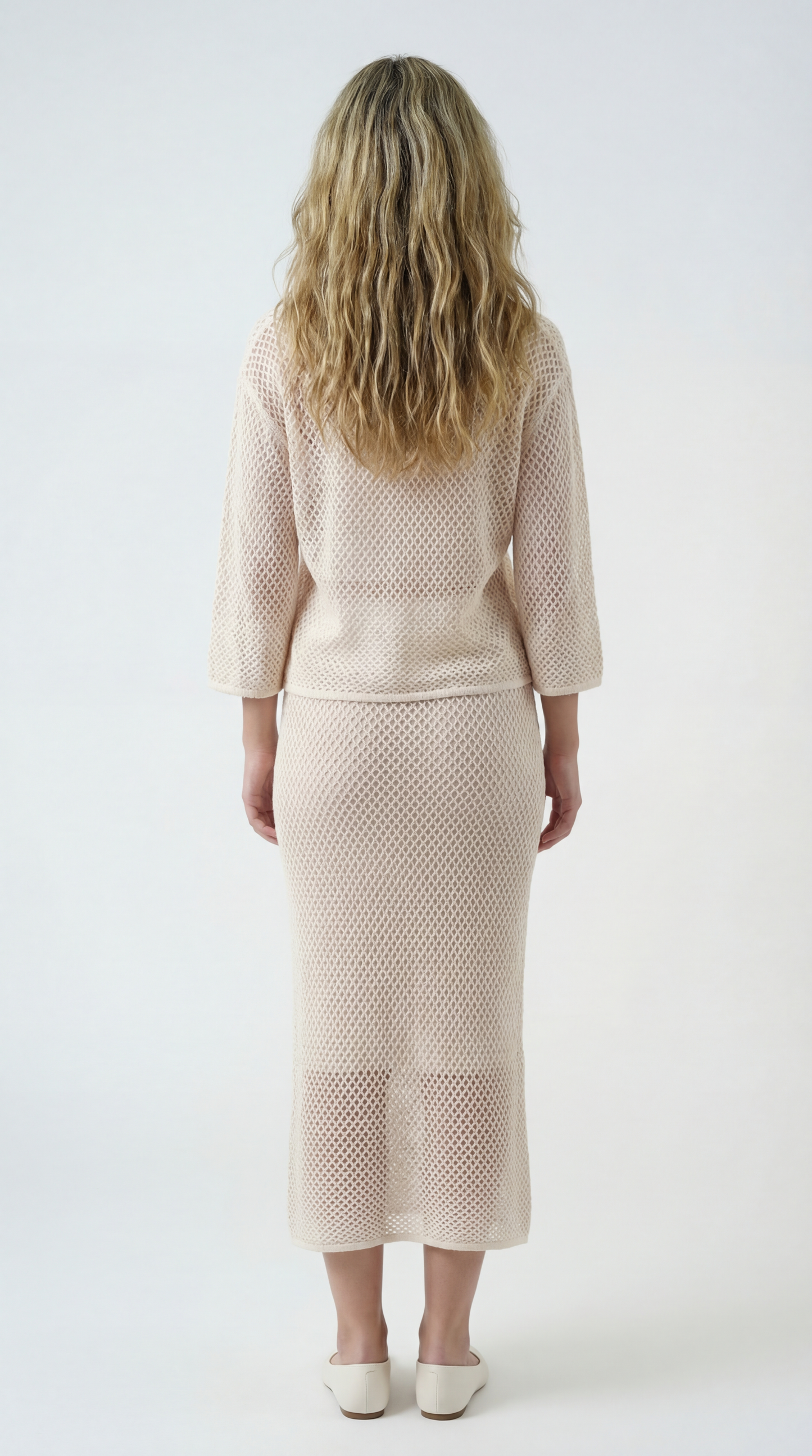 Catherine Dames Co-Ord Knit Set | V-Hals Top met Kraag | Midi Rok | Open Gehaakt Breisel