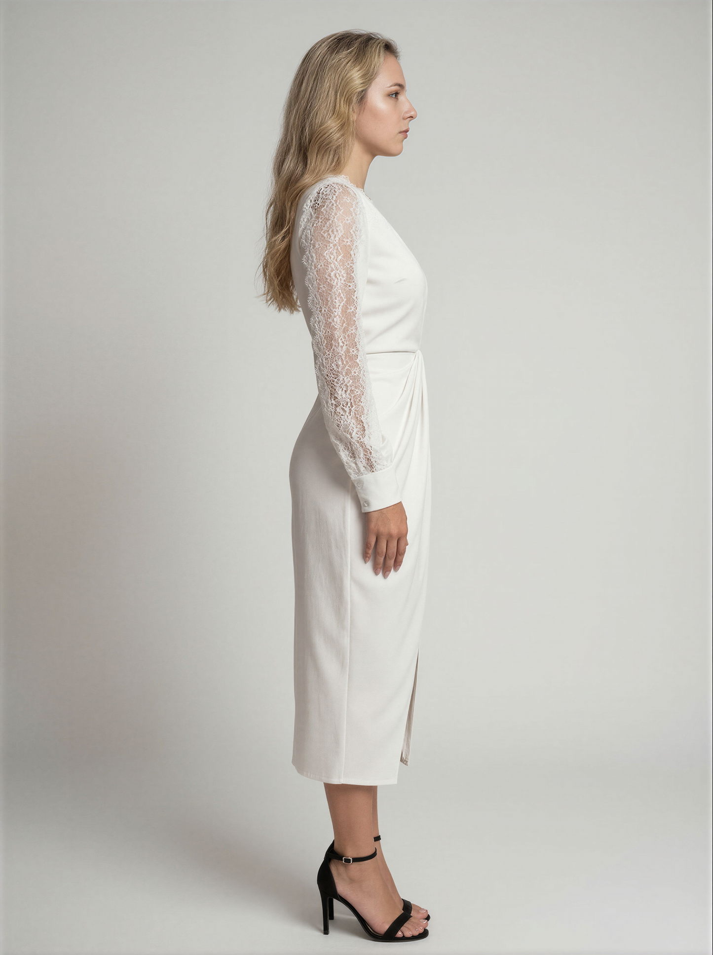 Jurk | Dames | Midi Jurk | Kant Mouwen | V-Hals | Tailleplooien | Split Detail