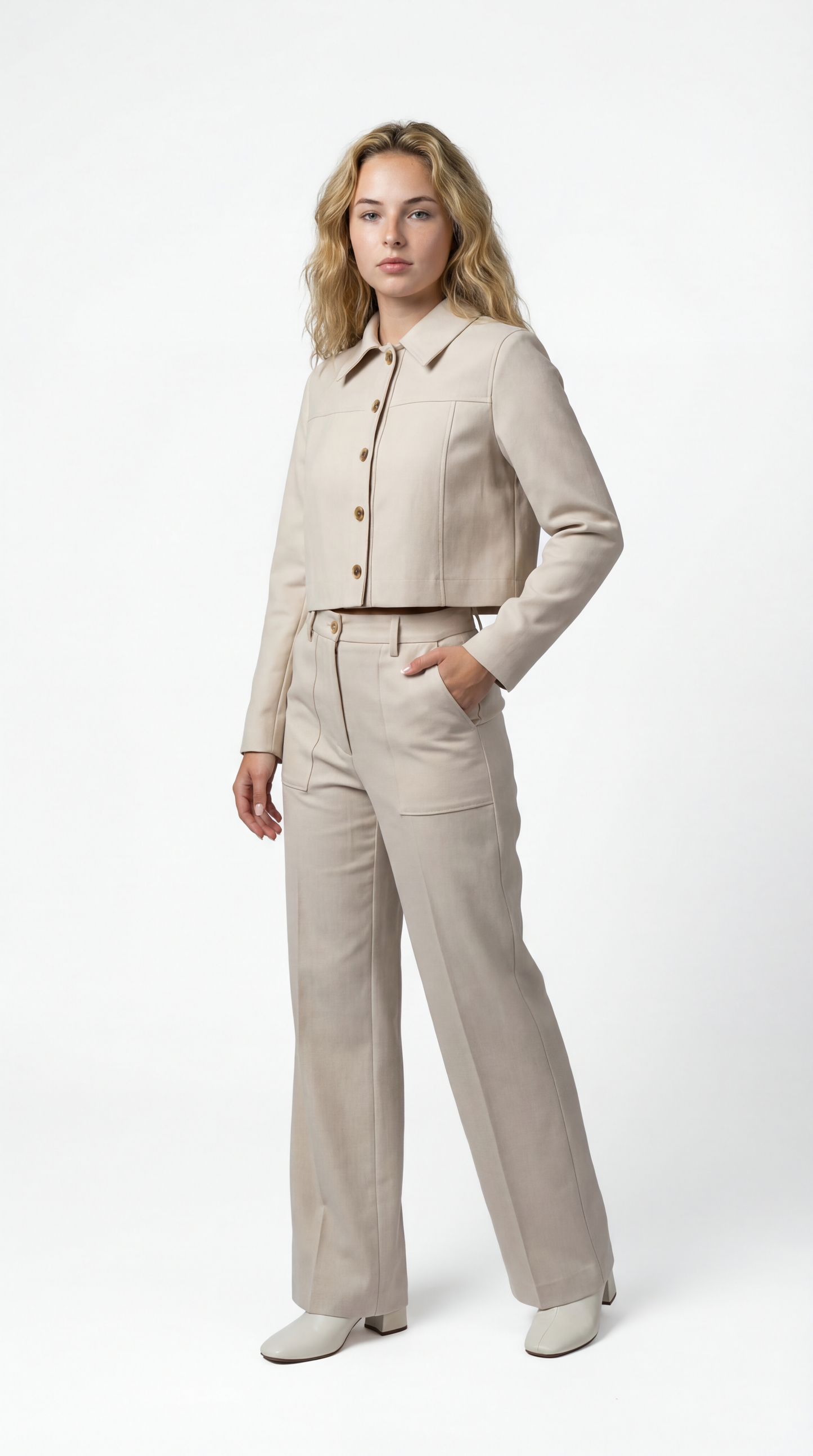 Dames Co-Ord Set | Cropped Jacket met Knoopsluiting | Rechte Broek | Minimalistische Look