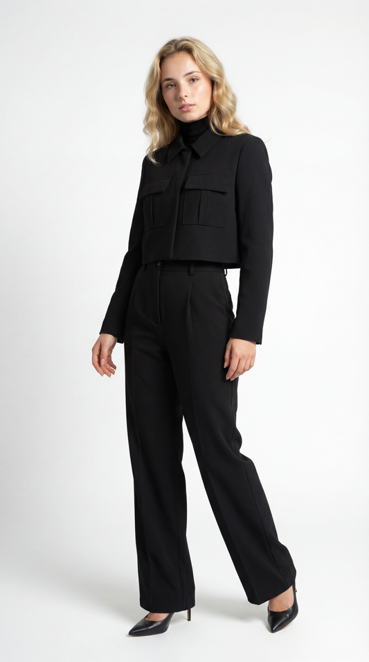 Dames Tailored Set | Cropped Jacket & Straight Leg Broek | Elegante Zwarte Look