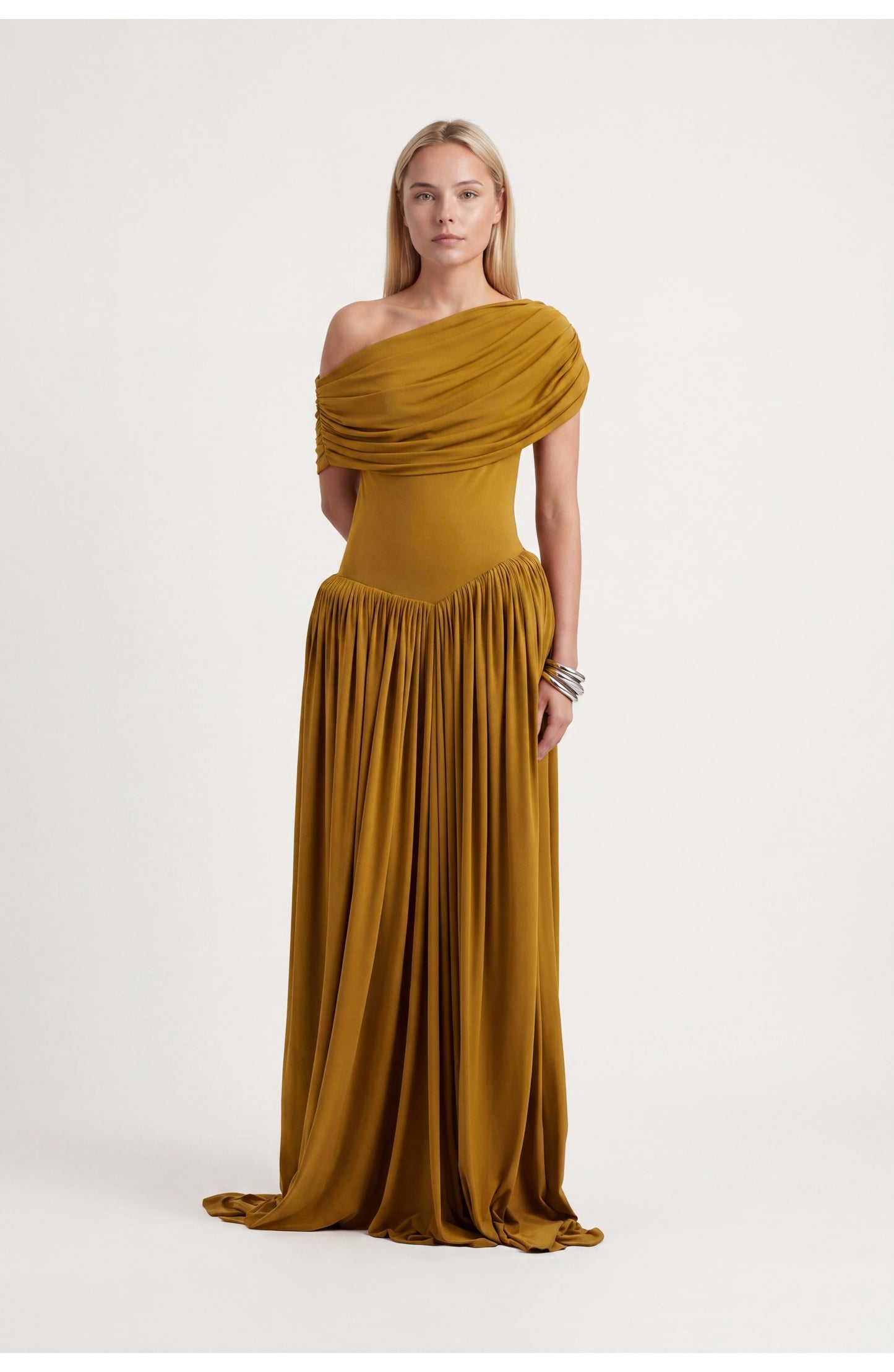 Dames Maxi Jurk | Off-Shoulder Drapering | Geplooide Rok